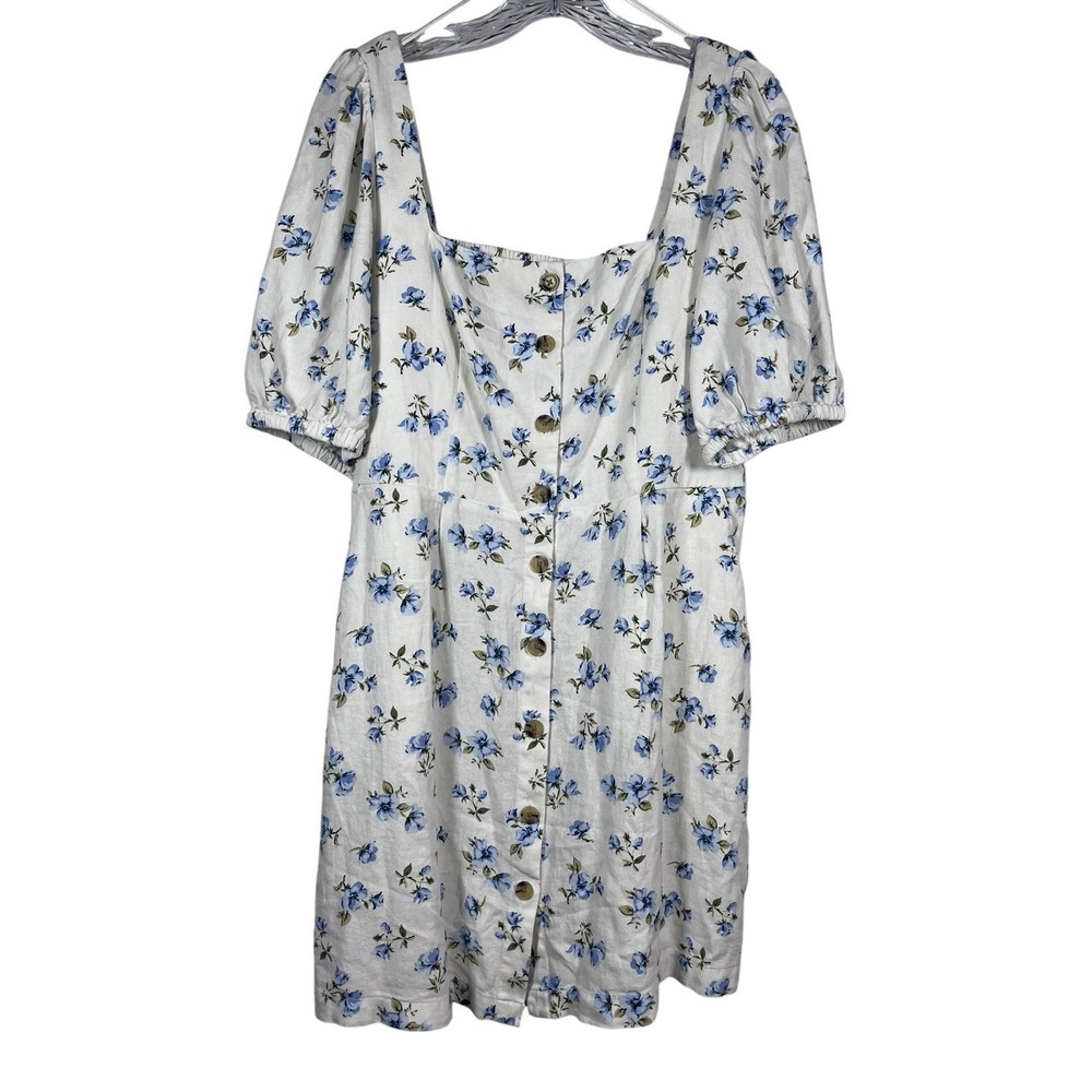 NWT Old Navy Sz L Dress Cream Blue Floral Linen Blend Knee Smocked Button Boho